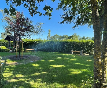 Grüner Park mit Rasenfläche, Bäumen, Holzbänken und einer kleinen Holzkonstruktion unter blauem Himmel.