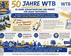 2026_WTB-Jubiläum Tappenbeck Infografik zum 50-jährigen Jubiläum der WTB mit Wettbewerbsdetails, Illustrationen und QR-Codes.