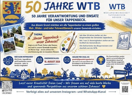 Infografik zum 50-jährigen Jubiläum der WTB mit Wettbewerbsdetails, Illustrationen und QR-Codes.