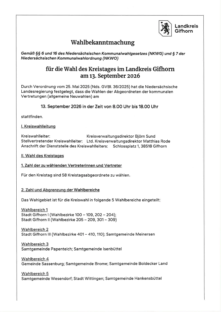 Wahlbekanntmachung Kreistag 2026_1 Wahlbekanntmachung Kreistag 2026_1 © Landkreis Gifhorn