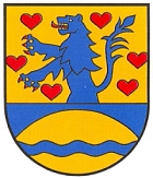 Wappen von Tappenbeck: Blauer Löwe, gelber Grund, blaue Brücke, blaue Allerwelle und sechs rote Herzen&nbsp;&copy;&nbsp;Gemeinde Tappenbeck